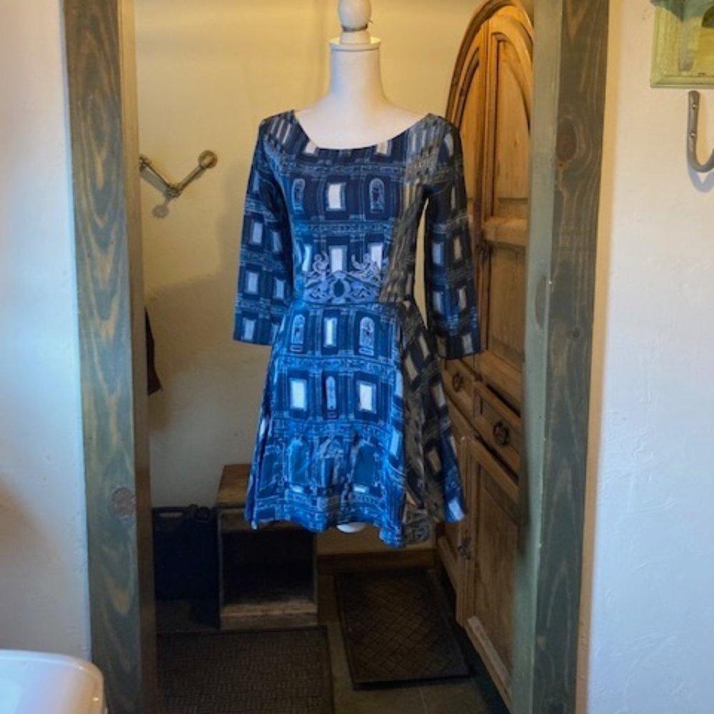 Samantha Pleet Blue and White Printed Fit-and-Flare Dress